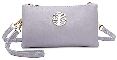 She & Bags Women Golden Badge Detail Multi Function Doubel Compartments Small Wristlet Purse Clutch Crossbody Messenger Handbag-Lilac