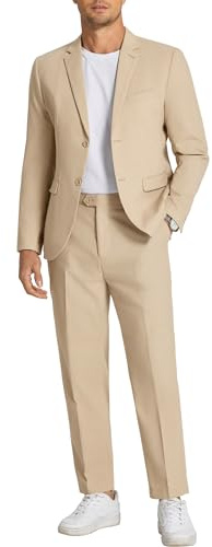 COOFANDY Men's 2 Piece Linen Suits Set Regular Fit Casual Linen Lightweight Suit Summer Beach Wedding,Khaki,Large