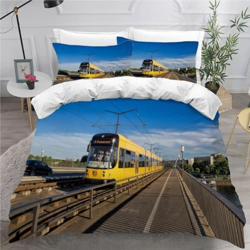 Bettwäsche 135x200 Gelber Zug 3D Muster Straßenbahn Bettwäsche-Sets 3 Teilig Weiche Microfaser Bettbezug Set mit Reißverschluss und 2 Kissenbezug 80x80 cm F741