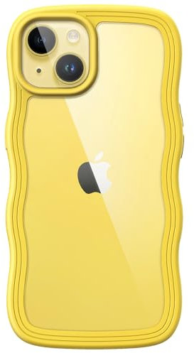 JETech Cute Case for iPhone 14 Plus 6.7-Inch, Wave Frame Curly Shape Shockproof Phone Cover for Women and Girls, Clear Hard PC Back (Yellow)