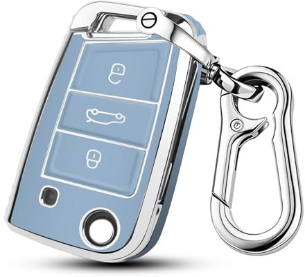 QBUC Silberfarbenes Schlüsselhülle Passend für, Drei-Knopf-Autoschlüsselkasten, Auto Kratzfestes Schlüsseletui, Passend für Schlüsseletuis von Polo, Skoda, Tiguan (C-Blau)