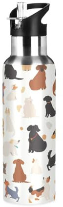 Niigeu Dessin Animé Chiens Mignons Animaux Domestiques Bouteille d'eau Isotherme avec Paille en Acier Inoxydable Gourde, Sans BPA Gourdes Eau pour Enfant Sport Randonnée École Bureau (600ml/1L)