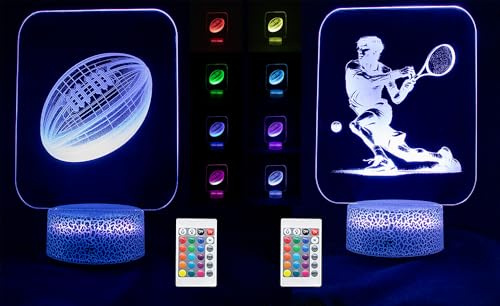 2er Set 3D Sport Nachtlicht für Kinder und Erwachsene, LED Lampe mit 16 Farben, Fernbedienung und Touch, USB oder Batteriebetrieb, Deko Licht für Schlafzimmer, Geburtstag-Weihnachten (Tennis Mann)