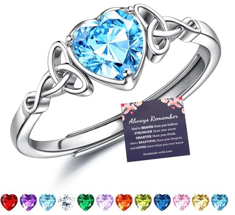 JeweBella Ring Silber 925 Damen Verstellbarer Herz Geburtsstein Keltischer Knoten Ringe Frauen Verlobungsring Eheringe Fingerring Trauringe Engagement Promise Ring Damen Ring Schmuck mit Geschenkbox