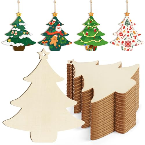 Weihnachtsbaumschmuck aus Holz zum Bemalen von Weihnachten, Erntedankfest, Dekoration, Ausschnitte, unlackiert, 24 Stück, 8,9 x 7,6 cm, DIY blanko, unlackiert, Weihnachtsbäume, Holzscheiben, Ornament