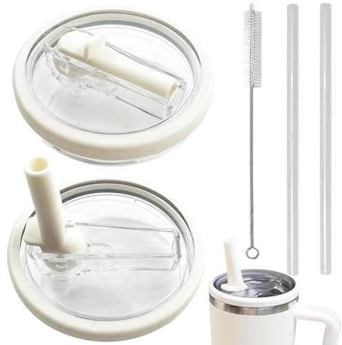 Ersatzdeckel für 40oz Becher, mit Silikon Strohhalm und Bürste Wiederverwendbarer Auslaufsichere und Staubdichte Tumbler Abdeckungen Becher mit Strohhalm Deckel Ersatzdeckel für Cup Zubehör(weiß)