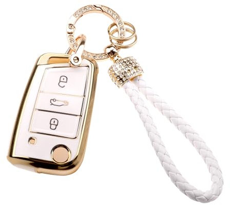 Rongxze Coque Clé , Étui à Clés TPU avec Cordon Porte-Clés, 3 Boutons Voiture Coque Clé pour VW Golf 7 MK6 MK7 Polo Skoda Octavia Leon Seat Fabia Ibiza Tiguan Fabia (Blanc)