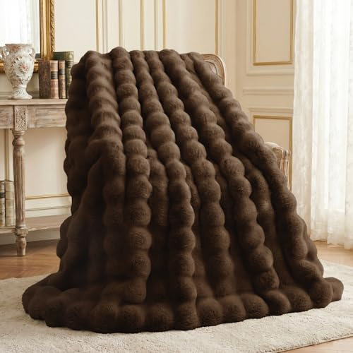 L'AGRATY Faux Rabbit Fur Throw Blanket for Couch, 60'' x 80'', Cocoa Brown | Soft Cozy Bubble Fluffy Blanket for Sofa Bed, Thick Warm Plush Fuzzy Throw for Room Home Decor, Luxury Gift for Women Mom
