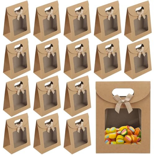 Lot de 20 Sacs Cadeaux Avec FenêTre, 16 X 12 X 6 Cm, en Papier Marron,BoîTe de Cadeau en Papier Kraft,Sacs Cadeaux Avec PoignéEs,Cadeau en Papier Kraft Pour Emballer des Cadeaux de Banquet