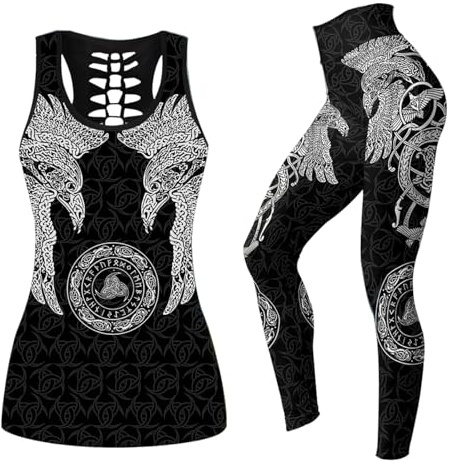MYZTTZR Femmes Débardeurs Legging Tête de Mort Yoga Tenues Impression 3D Mythologie Nordique Polyesters Entraînement Vêtements de Sport