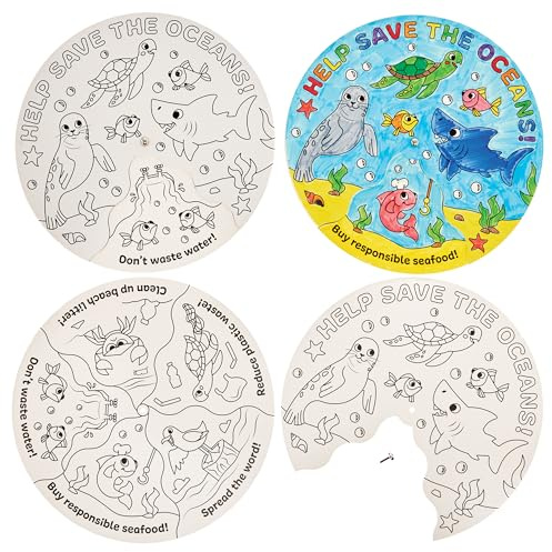 Baker Ross FN393 Save the Oceans Colour-in Wheel Kits - Pack of 5, Earth Day Learning Resources for Schools, Arts and Crafts for Kids