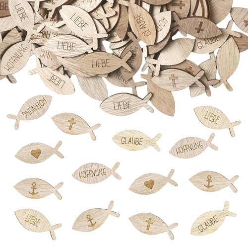 LYNSAN 100 Stück Taufe Konfetti Holz Fische Deko Kommunion Tischdeko Konfirmation Streudeko Mädchen Junge Herzen Kreuzen Hoffnung Glaube Liebe Taufdeko Geschenk für Babyparty Babyshower Gender Reveal