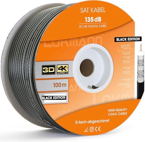 100m Koaxialkabel 135dB Sat Koax Kabel, Stahl-Kupfer Antennenkabel 5-Fach geschirmt für DVB-S / S2, DVB-C, DVB-T, BK Anlagen 4K FullHD Ultra HD 4K,8K Verlegekabel, Schwarz