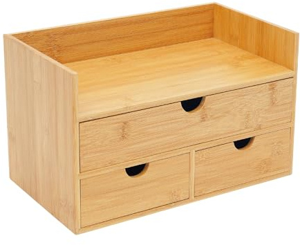 OUBUBY Schreibtisch Organizer aus Bambus mit 3 Schublade, 33×19×20 cm | Briefablage Papierablage Multifunktionaler Schreibtisch-Speicher für Büro Arbeitszimmer Schule Office