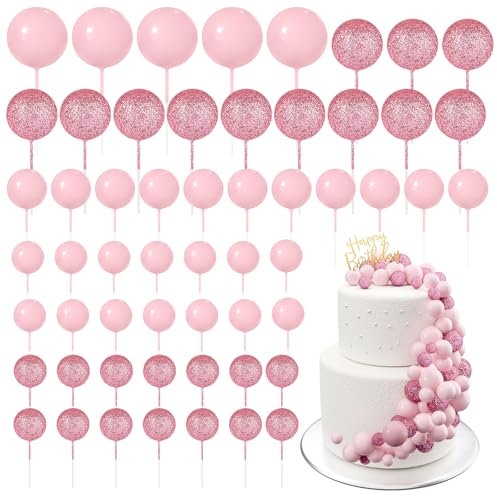 BOUBONI 60Pcs Glitter Cake Balls Decorations Foam Cake Topper Balls Mini Balloon Cupcake Toppers for Cake Decorating Birthday Baby Shower Party (Glitter Pink)