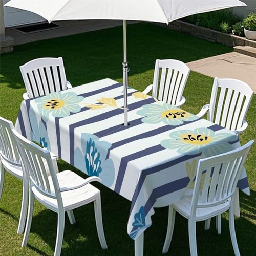 Odot Regenschirm Tischdecke Outdoor, Wasserdicht Tischtuch mit Loch Sonnenschirm Reißverschluss Tischdecke Outdoor Rechteckig für Terrasse, Garten, Patio, 3D Streifen Blumen (Blau,213x152cm)