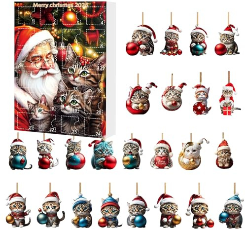 Katzen Ornamente für den Weihnachtsbaum 24-Tage-Countdown-Kalender mit | 2D Acryl Tierkatzen Hängbare Ornamente für Auto-Rückspiegel, Wand, Tür, Fenster, Kinder und Erwachsene