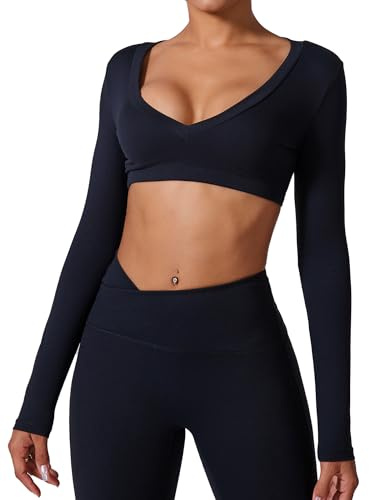 FEOYA Women Sports Backless Crop Top Long Sleeve Gym Tee V Neck Yoga Tops Workout Pilates Activewear Clothes Black S