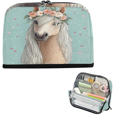 Federmäppchen mit großem Fassungsvermögen, Aufbewahrungstasche, Stiftehalter für Teenager, Jungen, adrette Schule, süßes Pferd, Blumen, Märchen