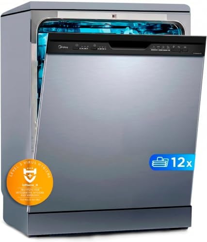 Midea Lavavajillas 60 cm+++ Inox para 12 servicios - Lavaplatos Libre Instalación con 4 Programas, Silencioso 49dB, Filtro Antibacterias, Modo ECO, Lavado Rápido, Función de Media Carga, Sanitización+
