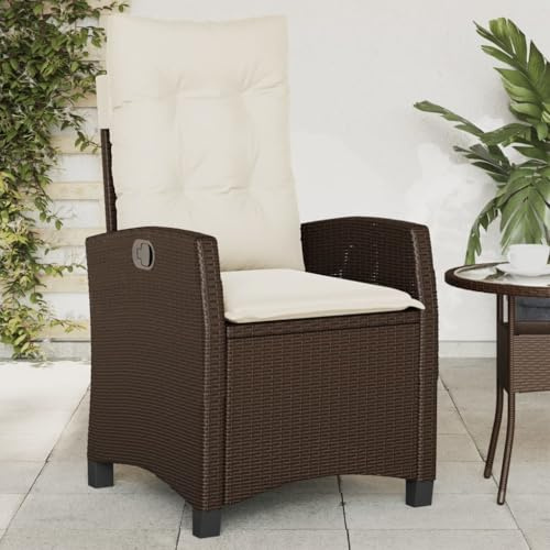 Runheo Gartensessel Verstellbar mit Kissen Braun Poly Rattan, Outdoor Stuhl für Balkon, Terrasse, Garten, Robuster Relaxsessel mit Cremeweißen Polstern, UV-beständig