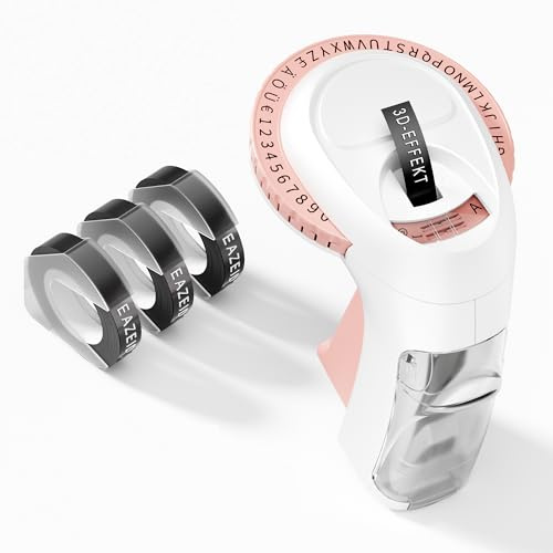 EazeID Etikettiergerät Prägegerät Rose, Omega-S Beschriftungsgerät | Prägegerät mit 3 Prägebändern 9mm (3/8 Zoll), Retro Prägemaschine für zu Hause Schule und für DIY-Bastelprojekte (€ Ä Ö Ü)