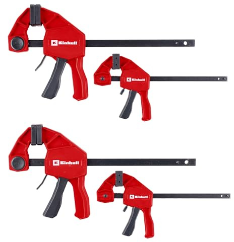 Einhell 4-tlg. Einhandzwingen-Set, 100/150 mm | Schnelllösegriff | 100/150-mm-Spannweite | 20/60 kg Spannkraft | Spreizfunktion | Ausladung | werkzeugfreier Umbau