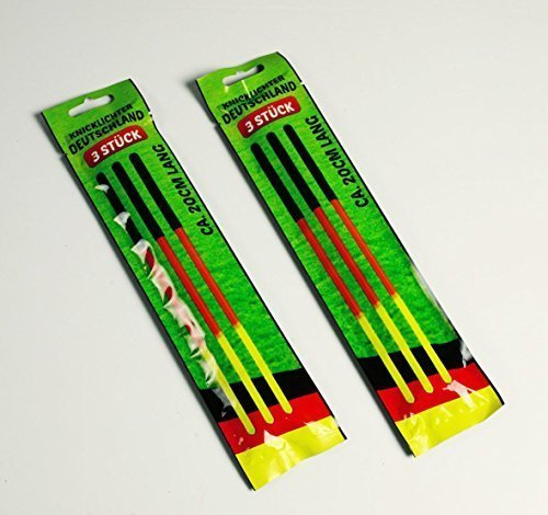 Knicklicht Deutschland 2 Pack a 3 Stück = 6 Knicklichter, HxØ: ca. 20cm x 5mm, Leuchtdauer ca. 8-10 Stunden, diese Knicklichter lassen sich auf Partys, bei Konzerten, im Garten oder als Notlicht im Haus benutzen, nach einmaligen Gebrauch sind die Knicklichter unbrauchbar und zu entsorgen, !!!! Preis für 6 Stück !!!!