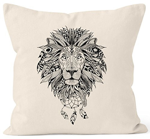 Autiga Kissenbezug Kissen-Hülle Löwe Lion Ethno Atzekenmuster Boho Atzec Federn Traumfänger Dreamcatcher Deko-Kissen 40x40 Baumwolle Natur 40cm x 40cm