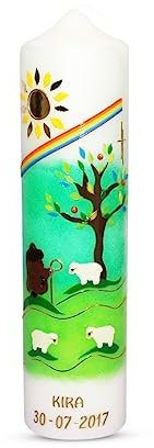 WikaKerzen Taufkerze Hirte mit Lebensbaum Kommunionkerze mit individueller Personalisierung – Hochwertige Stumpenkerze zur Taufe für Jungen & Mädchen