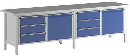 Werkbank Breite 2800 mm, Gestellbauweise, 2 Türen, 6 Schubladen mit Vollauszug, Universalplatte.
