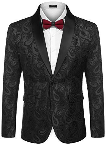COOFANDY Mens Floral Tuxedo Jacket Paisley Shawl Lapel Suit Blazer Jacket for Dinner,Prom,Wedding, Black, Large