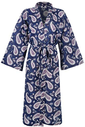 100% Cotton Dressing Gowns for Women & Men, Lightweight Summer Kimono Bathrobes, 100% Indian Cotton, Organically Grown, Ethically Made. Fits UK 10-18 (Blue Paisley)