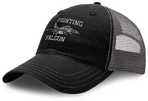 Richardson Mütze aus weichem Netzstoff, bestickt, F-16 Fighting Falcon, Flugzeug, A-Stickerei, Baumwolle, Nur schwarz-anthrazitfarbenes Design, Einheitsgröße