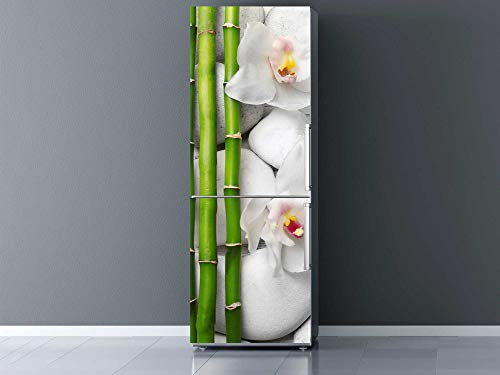 Vinilo para Frigorífico Bambú, Flores y Piedras Blancas 185x60cm | Adhesivo Resistente y Económico | Pegatina Adhesiva Decorativa de Diseño Elegante