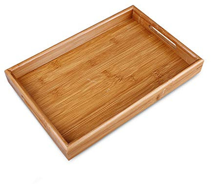 XGzhsa Bandeja de bambú, bandeja de servicio con asas, bandeja de servicio rectangular creativa hecha de material de bambú natural, ideal para pan, fruta, té y más (40 x 28 x 3,5 cm)