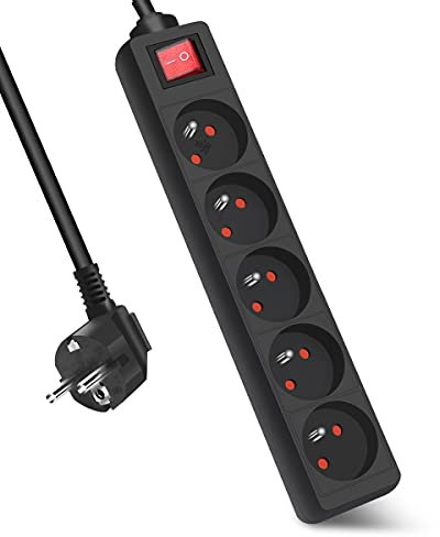 Extrastar Multiprise 5 Prises avec Interrupteur, 2P + T, Bloc 5 Prises avec sécurité Enfant, Extension d'alimentation de 1.5 Mètre, 16A 230 V, Noir
