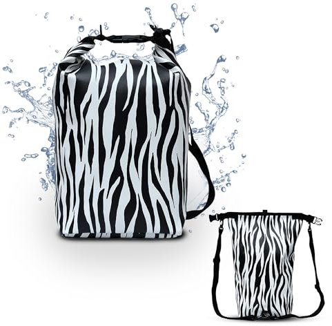 IKURI Drybag Trockentasche Rucksack Rolltop Wasserdicht aus Plane - Tasche für SUP, Surf, Kayak, Outdoor - Design Zebra