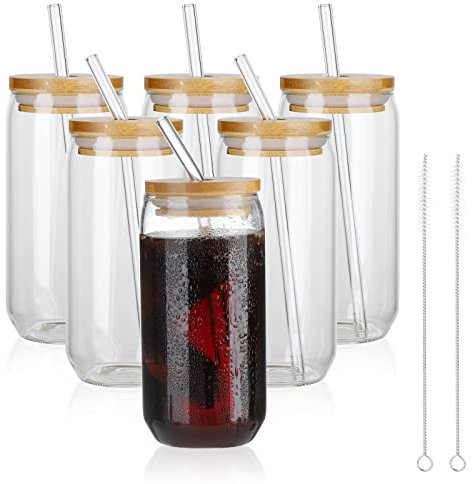 RNSUNH Lot de 6 tasses à thé réutilisables à large goulot avec couvercles en bambou et pailles argentées - 473 ml