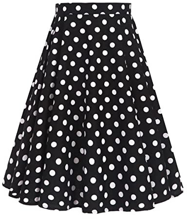 Rock Damen Knielang Rockabilly Elegant A Linie Skirt Petticoat Röcke Tellerrock Faltenrock Vintage Blume Polka Dot Swing 50er Jahre Retro Trachtenrock Festlich Coctailkleid Schwarz Polka Dot L