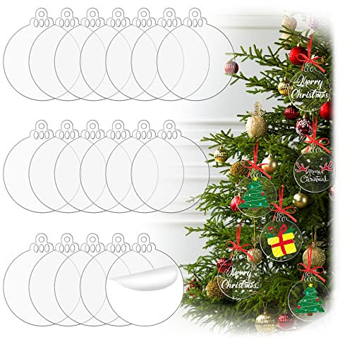 Senbota 72 Stück transparente runde Acryl-Weihnachtsdekoration, 7,6 cm, Rohlinge Kreise, Weihnachtskugel, DIY 2023 Neujahr, Ornamente, Urlaubsdekoration, Etiketten, Strumpf Namensschild