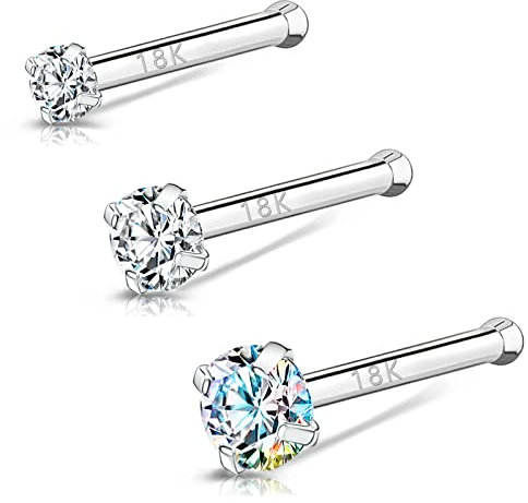 BodyAce 20g 18K Nasenpiercing Stecker Für frauen Männer, 18K Platin Nasenring Nostril Piercing Kit, Simulierter Diamant Nasen Piercing Schmuck 1.5mm 2mm 3mm (B:Bone)