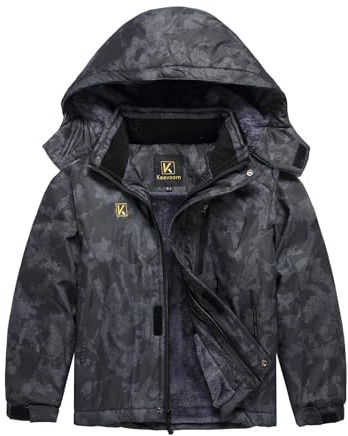 Keevoom Boy's Waterproof Jacket,Winter Warm Thick Snow Coat Windproof Fleece Kids Outdoor Hooded Snowboard Jacket Camo 6-7