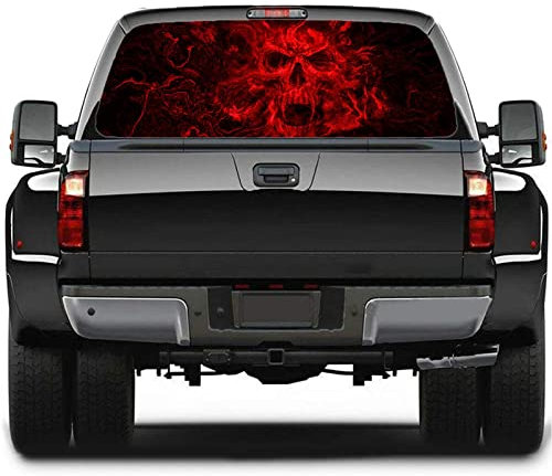 CUSENA Heckscheiben-Aufkleber, roter Skelett-Totenkopf, Grafik-Aufkleber, perforiert, durchsichtig, universell für Pickup-LKWs, SUV, 165,1 x 55,9 cm
