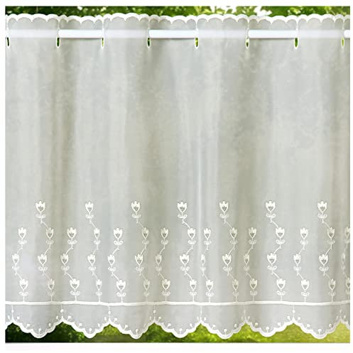 heimtexland ® Scheibengardine Voile Stickerei Tulpe Transparent Deko Gardine Landhaus Bestickt Fensterdekoration BistrogardineTyp818 Natur HxB 90 x 148 cm