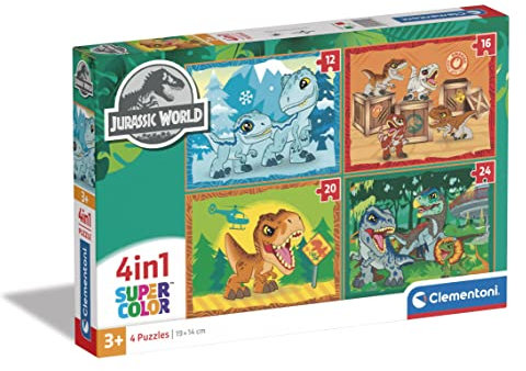 Clementoni - 21521 - Supercolor Puzzle 4 In 1 - Jurassic World - Puzzle 12,16,20,24 Teile Ab 3 Jahren, Buntes Kinderpuzzle Mit Besonderer Leuchtkraft, Geschicklichkeitsspiel Für Kinder