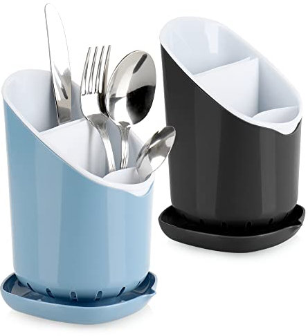 com-four® 2x escurridor de cubiertos - soporte para utensilios de cocina de plástico - cesto para cubiertos con separador extraíble - soporte para cucharas de madera - apto (2 piezas - azul/negro)