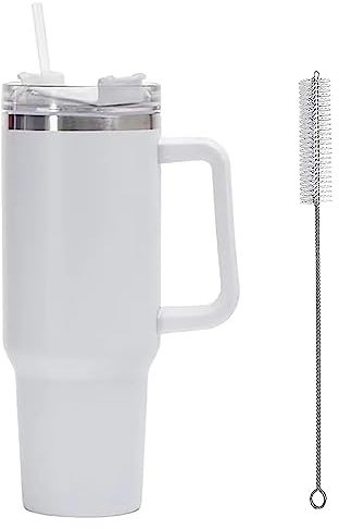 Vaso térmico de acero inoxidable para coche con pajita, 40oz, 1200ml, taza aislada al vacío de acero inoxidable, taza de café para coche, vaso de viaje con asa para café helado caliente (Blanco)