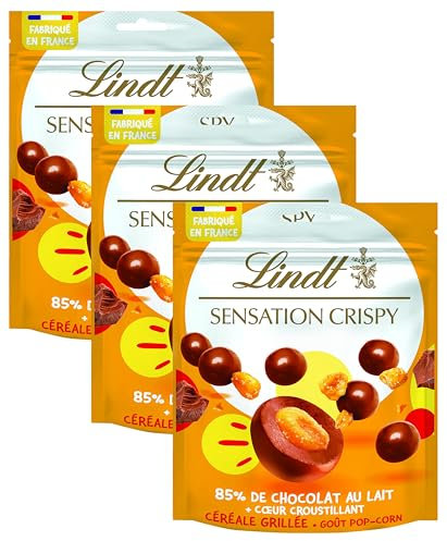 Lindt - Sachet de billes Céréale Grillée SENSATION CRISPY - Chocolat au Lait Goût Pop-Corn, 140g (Lot de 3)