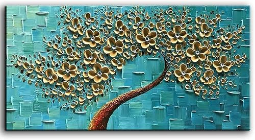 Fokenzary Peint à la main abstrait moderne fleurs épaisses effet 3D couteau peinture sur toile encadrée prête à accrocher (40,6 x 81,3 cm)